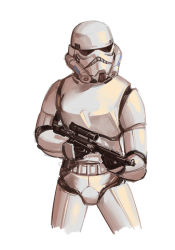 Rule 34 | 1other, ambiguous gender, armor, black gloves, commentary request, cowboy shot, cropped legs, gloves, helm, helmet, holding, holding weapon, ruukii drift, science fiction, simple background, soldier, solo, star wars, stormtrooper, weapon, white background