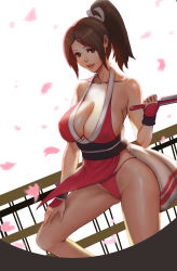 Rule 34 | 1girl, absurdres, bare shoulders, breasts, brown eyes, brown hair, carieswgli0911, cherry blossoms, cleavage, collarbone, commentary, covered erect nipples, english commentary, falling petals, fatal fury, folded fan, folding fan, hair tie, hand fan, hand on own thigh, high ponytail, highres, holding, holding fan, japanese clothes, large breasts, legs, looking at viewer, ninja, obi, open mouth, pelvic curtain, petals, pink lips, ponytail, railing, revealing clothes, sash, shiranui mai, sideboob, standing, the king of fighters, thighs, thong
