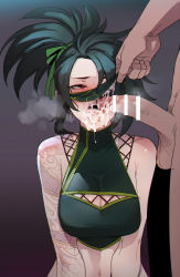 Rule 34 | 1boy, 1girl, after fellatio, akali, arm tattoo, bar censor, black hair, breasts, censored, cleavage, crop top, cum, cum in mouth, cum on tongue, half-closed eyes, hetero, highres, league of legends, lifted by self, mask, mask lift, medium breasts, mouth mask, ninja mask, one eye covered, open mouth, penis, ponytail, ratatatat74, red eyes, tattoo