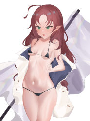 Rule 34 | 1girl, absurdres, ahoge, arknights, bikini, black bikini, blush, breasts, breasts apart, collarbone, cowboy shot, empty eyes, flag, green eyes, highres, jacket, long hair, micro bikini, myrtle (arknights), navel, niuwajun, open clothes, open jacket, open mouth, parted bangs, pointy ears, red hair, simple background, small breasts, solo, stomach, swimsuit, very long hair, white background, white jacket, wilted ahoge