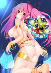 Rule 34 | 1girl, :o, anklet, ass, bare shoulders, barefoot, black panties, breasts, derivative work, earrings, hand fan, forehead jewel, hair ribbon, hata no kokoro, highres, hitotsuki nebura, jewelry, large breasts, long hair, looking at viewer, looking back, mask, nail polish, panties, pink eyes, pink hair, red eyes, ribbon, see-through, sideboob, sidelocks, simple background, solo, thong, touhou, twintails, underwear