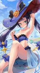 Rule 34 | &gt; &lt;, &gt;w&lt;, 1girl, absurdres, aomaru, arm behind head, armpits, asymmetrical bangs, beach, bikini, black bow, black hair, blue bikini, blue bow, blue headwear, blue sky, blush, bow, breasts, cleavage, closed mouth, cloud, collarbone, food, frilled bikini, frills, genshin impact, green eyes, hair bow, hair ornament, hat, hat bow, highres, holding food, holding ice cream, ice cream, knee up, long hair, medium breasts, mona (genshin impact), o o, ocean, popsicle, sarong, sitting, sky, slime (genshin impact), smile, star (symbol), star hair ornament, swimsuit, thigh bow, thighs, twintails, witch hat