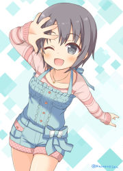 Rule 34 | 10s, 1girl, ;d, black eyes, blue background, bow, dot nose, flower, flower necklace, grey hair, hand up, idolmaster, idolmaster cinderella girls, jewelry, kaiware-san, layered clothes, necklace, one eye closed, open mouth, otokura yuuki, polka dot print, short hair, smile, striped clothes, striped sweater, sweater