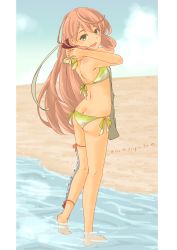 Rule 34 | 1girl, absurdres, akashi (kancolle), apron, ass, barefoot, beach, bikini, breasts, cloud, cloudy sky, green eyes, highres, kantai collection, long hair, looking at viewer, looking back, pink hair, pot-de, sand, signature, sky, smile, swimsuit, water