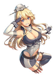 Rule 34 | 10s, 1girl, bare shoulders, blonde hair, blue eyes, breasts, cleavage, fingerless gloves, garter straps, gloves, grin, headgear, iowa (kancolle), kantai collection, large breasts, long hair, looking at viewer, miniskirt, pinakes, revision, salute, simple background, skirt, smile, solo, star-shaped pupils, star (symbol), symbol-shaped pupils, thighhighs, white background, zettai ryouiki