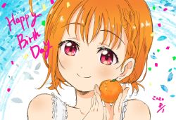 Rule 34 | 1girl, artist name, artist request, bare shoulders, blush, braid, breasts, close-up, collarbone, dress, female focus, food, fruit, highres, holding, holding food, holding orange, looking at viewer, love live!, love live! sunshine!!, orange (fruit), orange hair, parted lips, red eyes, short hair, short twintails, side braid, smile, solo, sundress, takami chika, twintails, upper body, white dress