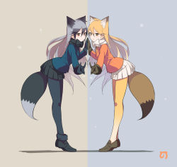 Rule 34 | 10s, 2girls, :o, absurdres, animal ears, beige background, black bow, black bowtie, black footwear, black gloves, black necktie, black pantyhose, black skirt, blazer, blonde hair, blue background, blue jacket, bow, bowtie, breast pocket, brown eyes, brown footwear, brown gloves, brown hair, expressionless, eyebrows, eyelashes, ezo red fox (kemono friends), fami (yellow skies), fox ears, fox shadow puppet, fox tail, from side, full body, fur-trimmed sleeves, fur trim, gloves, gradient hair, gradient legwear, grey hair, hair between eyes, heart, highres, holding hands, jacket, japari symbol, kemono friends, loafers, long hair, long sleeves, looking at viewer, multicolored background, multicolored clothes, multicolored hair, multicolored legwear, multiple girls, necktie, open mouth, orange jacket, pantyhose, pleated skirt, pocket, red eyes, shadow, shoes, silver fox (kemono friends), skirt, sound effects, standing, symmetrical hand pose, symmetrical pose, tail, tiptoes, tsurime, two-tone background, two-tone hair, two-tone legwear, white bow, white bowtie, white hair, white legwear, white skirt, yellow legwear, yellow necktie