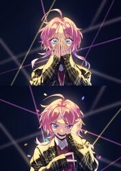 Rule 34 | 1boy, ahoge, amemura ramuda, androgynous, blue eyes, blush, collared shirt, covering own mouth, crying, crying with eyes open, hypnosis mic, jacket, ku luo mofa shi, long sleeves, looking at viewer, male focus, open mouth, pink hair, plaid, plaid jacket, red vest, shirt, short hair, smile, solo, tears, vest, white shirt