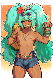 1boy absurdres ahoge bikini blue_eyes blue_hair bracelet brazilian_miku bulge can dark-skinned_male dark_nipples dark_skin denim denim_shorts drink_can earrings eyewear_on_head flower genderswap genderswap_(ftm) gradient_background green_eyes green_hair hair_flower hair_ornament hatsune_miku hibiscus highres holding holding_shirt holding_unworn_clothes jewelry long_hair male_focus navel necklace nipples orange_background rectangular_earrings shirt short_shorts shorts side-tie_bikini_bottom simple_background sky_guy_art smile solo standing sunglasses sweat swimsuit thick_eyebrows thong thong_bikini topless topless_male trap twintails vocaloid