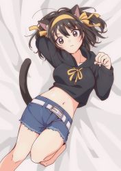 Rule 34 | 1girl, animal ears, arm up, barefoot, bed sheet, belt, black hoodie, blue shorts, brown eyes, brown hair, cat ears, cat tail, closed mouth, collarbone, commentary request, hair ribbon, hairband, highres, hood, hoodie, long sleeves, looking at viewer, lying, medium hair, navel, on back, paw pose, ribbon, short shorts, shorts, solo, suzumiya haruhi, suzumiya haruhi no yuuutsu, taiki (6240taiki), tail, white belt, yellow hairband, yellow ribbon