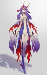 Rule 34 | 1girl, animal ears, closed mouth, colored skin, dress, full body, gradient skin, highres, horns, long hair, looking at viewer, monster girl, original, oversized forearms, oversized limbs, purple dress, purple hair, purple skin, red dress, red eyes, ruteko (ruko220), sea slug, sea slug girl, solo, standing, two-sided dress, two-sided fabric, white skin