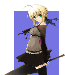 Rule 34 | 00s, 1girl, ahoge, artoria pendragon (all), artoria pendragon (fate), bare shoulders, black thighhighs, blonde hair, blue background, braid, dress, fate/stay night, fate (series), frilled dress, frills, from side, green eyes, hair ribbon, head tilt, holding, holding sword, holding weapon, long sleeves, looking at viewer, nagare hyougo, official alternate costume, ribbon, saber (fate), short dress, smile, solo, sword, thighhighs, weapon