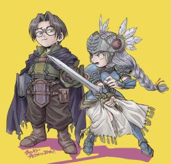 Rule 34 | 1boy, 1girl, angry, armor, armored dress, blue armor, book, boots, brown hair, buruten, cape, glasses, helmet, highres, lenneth valkyrie, lezard valeth, long hair, low-braided long hair, low-tied long hair, pointing weapon, shoulder pads, sword, valkyrie, valkyrie profile (series), weapon, winged helmet