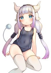 Rule 34 | 1girl, absurdres, beads, blue eyes, blue one-piece swimsuit, blush, bow, covered navel, dragon girl, dragon horns, hair beads, hair bow, hair ornament, highres, horns, kanna kamui, kobayashi-san chi no maidragon, legs, long hair, low twintails, narurock8925, one-piece swimsuit, pink hair, ribbon, school swimsuit, simple background, sitting, solo, swimsuit, tail, thighhighs, thighs, twintails, white background, white thighhighs