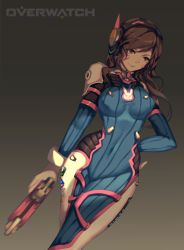 Rule 34 | 1girl, animal print, armor, bodysuit, boots, bracer, breasts, breasts apart, brown eyes, brown hair, closed mouth, copyright name, covered navel, cowboy shot, d.va (overwatch), emblem, facepaint, facial mark, gloves, gradient background, gun, hand on own hip, headphones, legs together, lips, logo, long hair, long sleeves, makeup, mecha, medium breasts, overwatch, overwatch 1, pauldrons, pilot suit, pink lips, rabbit print, rhea (0u0), ribbed bodysuit, robot, shoulder armor, shoulder pads, skin tight, smile, solo, thigh boots, thigh strap, thighhighs, turtleneck, weapon, whisker markings, white footwear, white gloves