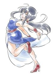 Rule 34 | 1girl, :d, bare arms, bare legs, black eyes, black hair, chi-chi (dragon ball), chinese clothes, dragon ball, female focus, full body, high heels, leg up, long hair, looking at viewer, looking back, open mouth, outstretched arms, ponytail, simple background, smile, solo, tkgsize, white background, wristband