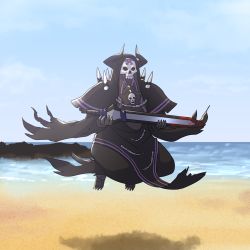 Rule 34 | 1boy, beach, black cloak, blue sky, cloak, day, fate/grand order, fate (series), floating, holding, holding sword, holding weapon, hood, hooded cloak, horns, king hassan (fate), male focus, matsumoto tomoyohi, ocean, outdoors, sand, skull, sky, solo, spikes, sword, weapon