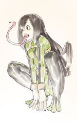 Rule 34 | 10s, 1girl, asui tsuyu, black eyes, black hair, bodysuit, boku no hero academia, commentary, frog girl, full body, gloves, gradient background, hair between eyes, hair rings, highres, legs apart, long hair, long tongue, low-tied long hair, open mouth, pink background, prehensile tongue, solo, squatting, timbougami, tongue, tongue out, very long tongue, white gloves