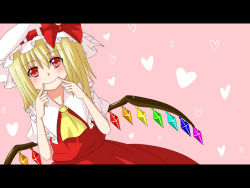 Rule 34 | 1girl, blonde hair, blouse, collared shirt, dotera, embodiment of scarlet devil, female focus, fingersmile, flandre scarlet, hair between eyes, hanazome dotera, hat, letterboxed, mob cap, pink background, red eyes, shirt, side ponytail, solo, touhou, white hat, white shirt, wings