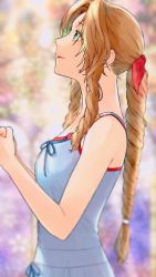 1girl 3wa_tari aerith_gainsborough bare_arms braid braided_ponytail breasts crisis_core_final_fantasy_vii dress final_fantasy final_fantasy_vii green_eyes hair_ribbon highres long_hair looking_up medium_breasts outdoors own_hands_clasped own_hands_together parted_bangs pink_ribbon profile ribbon sidelocks smile solo sundress upper_body wavy_hair white_dress