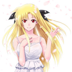 Rule 34 | 1girl, black bow, blonde hair, bow, cherry blossoms, closed mouth, collarbone, dress, fate testarossa, floating hair, hair between eyes, hair bow, long hair, looking at viewer, lyrical nanoha, mahou shoujo lyrical nanoha, red eyes, sleeveless, sleeveless dress, smile, solo, sougetsu izuki, sundress, upper body, very long hair, white dress