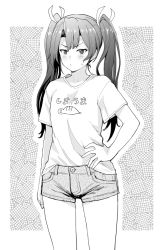 Rule 34 | 1girl, casual, clothes writing, commentary request, cowboy shot, denim, denim shorts, greyscale, hair ribbon, hand on own hip, kantai collection, long hair, looking at viewer, monochrome, o3o, ribbon, shirt, short shorts, shorts, solo, standing, t-shirt, translation request, twintails, watanore, zuikaku (kancolle)