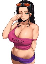 Rule 34 | 1girl, arm behind back, black hair, blue eyes, blue shorts, breasts, cleavage, closed mouth, collarbone, english text, expressionless, eyebrows, eyewear on head, highres, kevbot, large breasts, lips, long hair, looking at viewer, navel, nico robin, one eye closed, one piece, short shorts, shorts, simple background, sleepy, solo, strap slip, sunglasses, white background