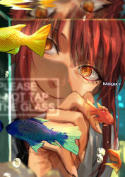 Rule 34 | 1girl, air bubble, animal, artist name, black necktie, bubble, chainsaw man, closed mouth, dress shirt, fish, fish tank, hand up, kadeart, long hair, looking at viewer, makima (chainsaw man), necktie, red hair, ringed eyes, shirt, sidelocks, smile, solo, upper body, white shirt, yellow eyes