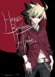 Rule 34 | 1boy, ahoge, artist request, belt, black hair, blonde hair, casual, dyed bangs, hands in pockets, happy birthday, kido hyde, male focus, multicolored hair, navel, pants, red eyes, shirt, short hair, signature, solo, two-tone hair, unbuttoned, under night in-birth