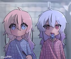 Rule 34 | 2girls, absurdres, ahoge, alternate costume, bathroom, black hair, blue eyes, blue hair, blue pajamas, blurry, blurry background, closed mouth, commentary, dot mouth, english commentary, expressionless, floral print, gradient hair, hair down, hand up, highres, hikimayu, holding, holding toothbrush, indoors, kannakake, long hair, long sleeves, looking at viewer, meika hime, meika mikoto, mouth hold, multicolored hair, multiple girls, pajamas, pink hair, pink pajamas, print pajamas, purple eyes, raised eyebrows, shower head, siblings, side-by-side, sisters, straight-on, streaked hair, tile wall, tiles, toothbrush, toothpaste, twitter username, upper body, vocaloid, you&#039;re doing it wrong