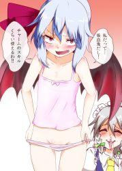 Rule 34 | 2girls, alternate costume, bat wings, blood, blush, bow, breasts, camisole, closed eyes, collarbone, female pervert, hair bow, highres, izayoi sakuya, light purple hair, looking at viewer, maid headdress, midriff, multiple girls, necktie, nosebleed, open mouth, panties, pervert, red eyes, remilia scarlet, short hair, silver hair, small breasts, takorice, touhou, translation request, underwear, underwear only, undressing, wings