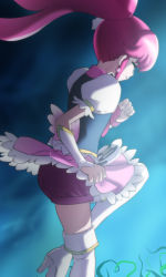 Rule 34 | 10s, 1girl, aino megumi, boots, cure lovely, closed eyes, happinesscharge precure!, haruyama kazunori, long hair, magical girl, pink hair, ponytail, precure, solo, thigh boots, thighhighs, white thighhighs, wide ponytail