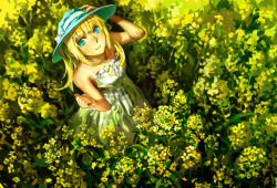 Rule 34 | 1girl, arms up, blue eyes, dress, field, flower, flower field, from above, hand on headwear, hat, highres, jewelry, looking at viewer, looking up, lost and found (vocaloid), necklace, sleeveless, sleeveless dress, smile, solo, sun hat, vocaloid, william chacha