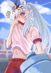 Rule 34 | 1girl, absurdres, ahoge, alternate hairstyle, animal ears, blurry, blurry foreground, bottle, building, clothes lift, cloud, grey hair, gym uniform, highres, horse ears, kento (kentdrawing), long hair, looking at viewer, multicolored hair, navel, notice lines, oguri cap (umamusume), open mouth, outdoors, ponytail, pov, purple eyes, red shorts, shirt, shirt lift, short sleeves, shorts, solo, sweat, umamusume, upper body, water bottle, white shirt, wiping sweat