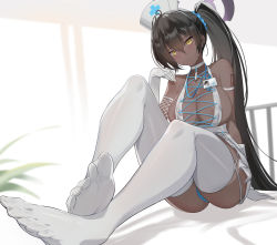 Rule 34 | 1girl, bare shoulders, black hair, blue archive, blush, breasts, choker, cross-laced clothes, dark-skinned female, dark skin, elbow gloves, feet, fishnets, gloves, halo, halterneck, hat, id card, kakumayu, karin (blue archive), lanyard, large breasts, legs, long hair, looking at viewer, miniskirt, nurse cap, ponytail, revealing clothes, sitting, skirt, thighhighs, toes, white gloves, white hat, white skirt, white thighhighs, yellow eyes