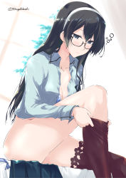 Rule 34 | 1girl, black hair, blush, bra, breasts, brown thighhighs, closed mouth, collarbone, collared shirt, commentary request, glasses, grey eyes, hair between eyes, hair ornament, hairband, holding, indoors, kantai collection, leg up, legs, long hair, long sleeves, mikage takashi, no panties, no pants, ooyodo (kancolle), shirt, sitting, small breasts, solo, thighhighs, underwear