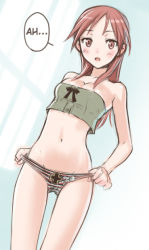 Rule 34 | a (phrase), adjusting clothes, adjusting panties, blush, cross, hard-translated, iron cross, long hair, minna-dietlinde wilcke, navel, open mouth, panties, red eyes, red hair, sano toshihide, strapless, strike witches, striped clothes, striped panties, third-party edit, translated, tube top, underwear, world witches series