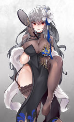 Rule 34 | 1girl, absurdres, azur lane, bare hips, black thighhighs, breasts, china dress, chinese clothes, cleavage, dress, feet, flower, fur trim, garter straps, hair flower, hair ornament, halter dress, halterneck, hand mirror, highres, kive, large breasts, looking at viewer, mirror, mole, mole under eye, official alternate costume, red eyes, saint-louis (alluring administrator) (azur lane), saint-louis (azur lane), see-through, see-through cleavage, see-through dress, simple background, soles, solo, thighhighs, thighs, white hair