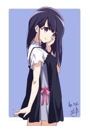 Rule 34 | 1girl, arm at side, black hair, closed mouth, dated, dress, frilled dress, frills, hand on own face, hand up, head tilt, highres, long hair, looking at viewer, looking back, nii manabu, original, outside border, pink eyes, short sleeves, signature, simple background, smile, solo, split mouth, white dress