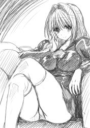 Rule 34 | 1girl, agent aika, aika (series), arm rest, arm up, ascot, black delmo, black jacket, black skirt, braid, breasts, closed mouth, commentary request, cosplay, couch, covered erect nipples, crossed legs, crossover, delmo, delmogeny uniform, greyscale, hair between eyes, hair intakes, hair over shoulder, hand on own face, highres, jacket, juliet sleeves, kanon, key (company), large breasts, long hair, long sleeves, looking at viewer, mature female, minase akiko, miniskirt, mitarashi kousei, monochrome, on couch, panties, pantyshot, pleated skirt, puffy sleeves, simple background, single braid, sitting, sketch, skirt, smile, solo, taut clothes, thighhighs, underwear, uniform, white panties, white thighhighs