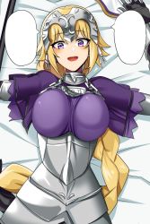 Rule 34 | :d, armor, blonde hair, braid, breasts, doko tetora, fate/apocrypha, fate (series), faulds, gauntlets, hands up, jeanne d&#039;arc (fate), jeanne d&#039;arc (ruler) (fate), large breasts, long hair, looking at viewer, lying, on back, open mouth, purple eyes, short sleeves, single braid, smile, solo, textless version