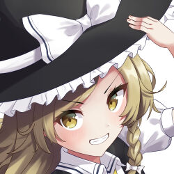 Rule 34 | 1girl, ambasa, black hat, blonde hair, blush, bow, braid, commentary request, grin, hair bow, hand on headwear, hat, hat bow, kirisame marisa, long hair, looking at viewer, side braid, single braid, smile, solo, touhou, white bow, witch hat, yellow eyes