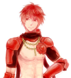 Rule 34 | 1boy, armor, chain, closed mouth, commentary request, gauntlets, gears, hair between eyes, looking to the side, male focus, mechanic (ragnarok online), misuguu, nipples, ragnarok online, red armor, red eyes, red hair, short hair, shrug (clothing), simple background, smile, solo, upper body, white background