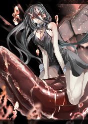 Rule 34 | 10s, 1girl, abyssal ship, battleship princess, black dress, black hair, breasts, cleavage, collar, dress, highres, horns, kantai collection, large breasts, long hair, pale skin, rathke, red eyes, short dress, solo, spaghetti strap, tongue, very long hair