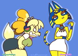 Rule 34 | 2girls, animal crossing, animated, animated gif, ankha (animal crossing), blue background, blue hair, bouncing breasts, breasts, cat, claws, dog, egyptian clothes, furry, hand up, headphones, isabelle (animal crossing), looking at hand, minuspal, minuspal, multiple girls, nintendo, sharp teeth, shouting, teeth, uraeus, yellow fur