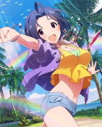 Rule 34 | 10s, 1girl, ahoge, artist request, blush, bracelet, breasts, cleavage, cloud, crop top, crop top overhang, day, earrings, hood, hoodie, idolmaster, idolmaster (classic), idolmaster million live!, jewelry, large breasts, light rays, midriff, miura azusa, navel, necklace, official art, open clothes, open hoodie, open mouth, palm tree, pendant, purple hair, rainbow, red eyes, short hair, shorts, sky, smile, sunbeam, sunlight, tree