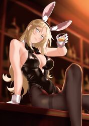 Rule 34 | 1girl, alcohol, alternate costume, animal ears, bar (place), black bow, black bowtie, black leotard, black pantyhose, blonde hair, blue eyes, bow, bowtie, breasts, cup, detached collar, drinking glass, fake animal ears, feet out of frame, highres, kantai collection, large breasts, leotard, long hair, nelson (kancolle), pantyhose, playboy bunny, rabbit ears, rabbit tail, shingyou (alexander-13), sitting, solo, strapless, strapless leotard, tail, thighband pantyhose, whiskey, wrist cuffs