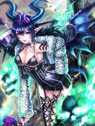 Rule 34 | 1girl, :d, black bra, black dress, black thighhighs, blue hair, box (hotpppink), bra, breasts, cleavage, coat, collar, demon girl, dragon wings, dress, earrings, fangs, flaming skull, fur coat, garter straps, halterneck, horns, jewelry, looking at viewer, nail polish, open mouth, original, pointy ears, purple eyes, slit pupils, smile, standing, tattoo, thighhighs, tsurime, underwear, weapon, weapong, wings, zettai ryouiki