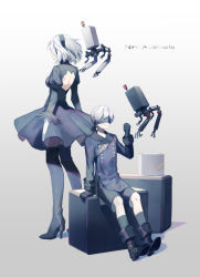 Rule 34 | 1boy, 1girl, back-to-back, backless dress, backless outfit, black dress, black footwear, black shorts, black thighhighs, blindfold, boots, closed mouth, copyright name, dress, high heel boots, high heels, lor968, nier:automata, nier (series), pod (nier:automata), short hair, shorts, sitting, standing, thigh boots, thighhighs, typo, white hair, 2b (nier:automata), 9s (nier:automata)