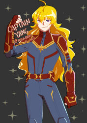 Rule 34 | 1girl, blonde hair, blue bodysuit, bodysuit, breasts, captain marvel, captain marvel (cosplay), clenched hands, cosplay, gloves, hair between eyes, highres, large breasts, long hair, marvel, marvel cinematic universe, misanim, multicolored armor, red eyes, red gloves, reflection, rwby, smile, solo, sparkle, star (symbol), striped bodysuit, superhero costume, twitter username, yang xiao long